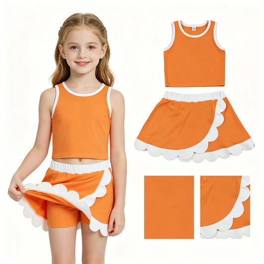 GSD4033 Orange White Patchwork Wave Ruffle Sleeveless Top with Skirts for Girls Yoga Sets 202605 RTS