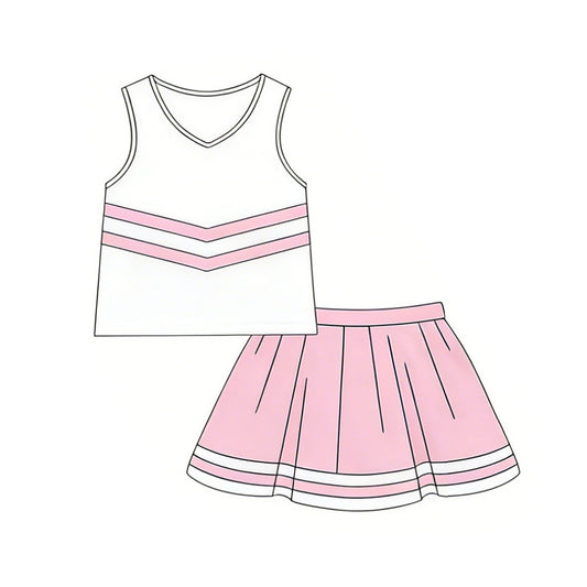 MOQ 5 PCS Preorder GSD4037 GO TEAM Pink Stripe White Sleeveless Skirts for Girls Sets 202604
