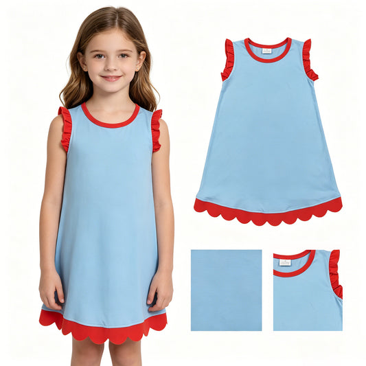 GSD4054 Blue Coral Red Wave Ruffle Sleeveless Dresses for Girls 202605 RTS