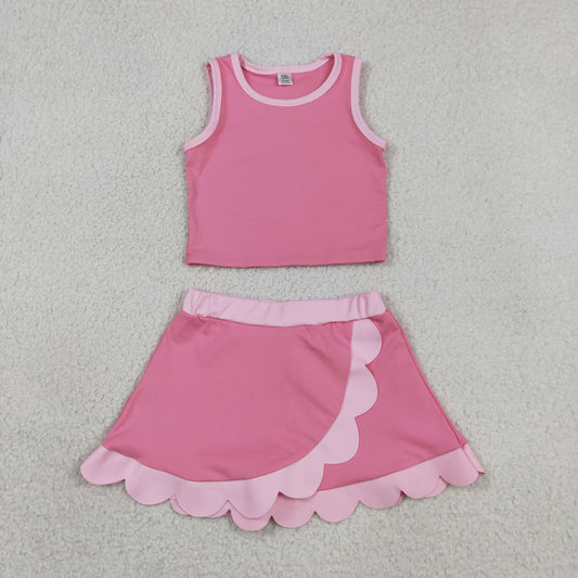 GSD4063 Dark Light Pink Wave Ruffle Sleeveless Top with Skirts for Girls Yoga Sets 202605 RTS