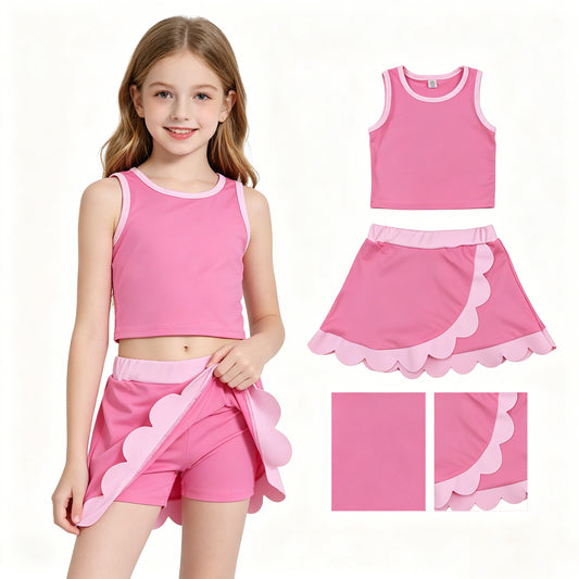 GSD4063 Dark Light Pink Wave Ruffle Sleeveless Top with Skirts for Girls Yoga Sets 202605 RTS