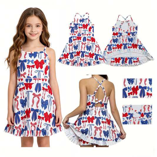 New GSD4064 4th of July Red Blue Star Bows Yoga Sleeveless Dresses for Girls 202604 RTS