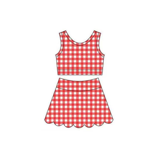 MOQ 30 PCS preorder GSD4066 Red Plaid Wave Ruffle Sleeveless Top with Skirts for Girls Yoga Sets 202604