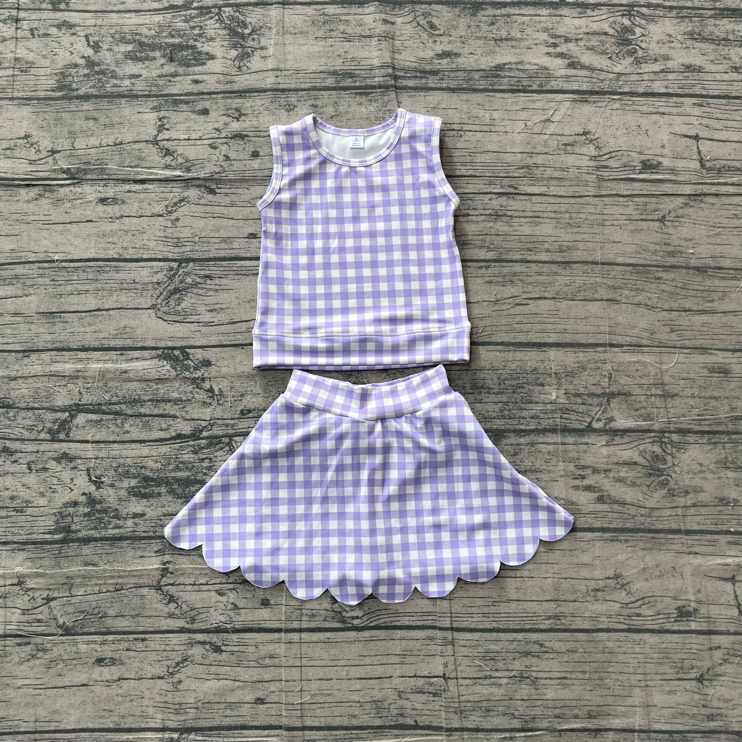 NO MOQ preorder GSD4067 Purple Plaid Wave Ruffle Sleeveless Top with Skirts for Girls Yoga Sets 202605