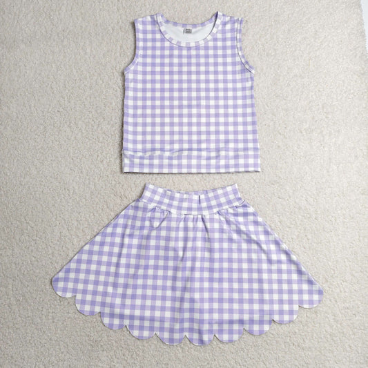 GSD4067 Purple Plaid Wave Ruffle Sleeveless Top with Skirts for Girls Yoga Sets 202606 RTS