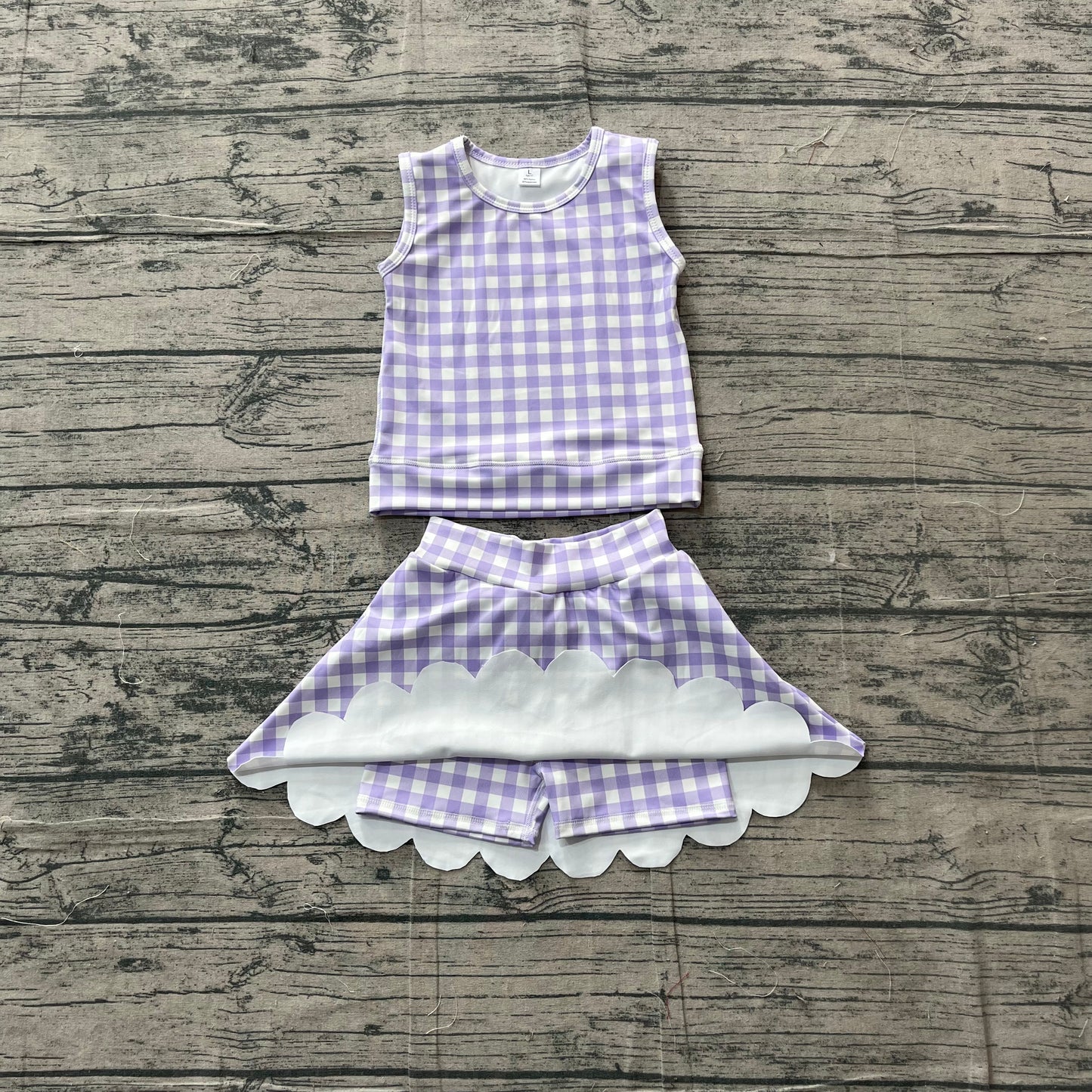 NO MOQ preorder GSD4067 Purple Plaid Wave Ruffle Sleeveless Top with Skirts for Girls Yoga Sets 202605