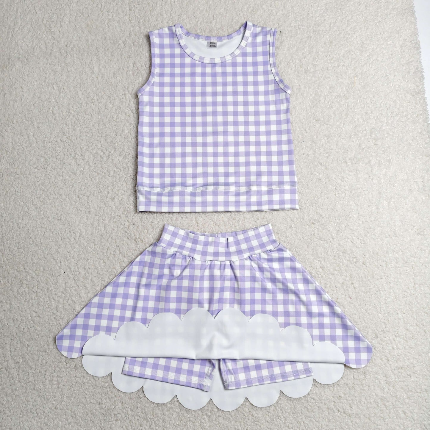 GSD4067 Purple Plaid Wave Ruffle Sleeveless Top with Skirts for Girls Yoga Sets 202606 RTS