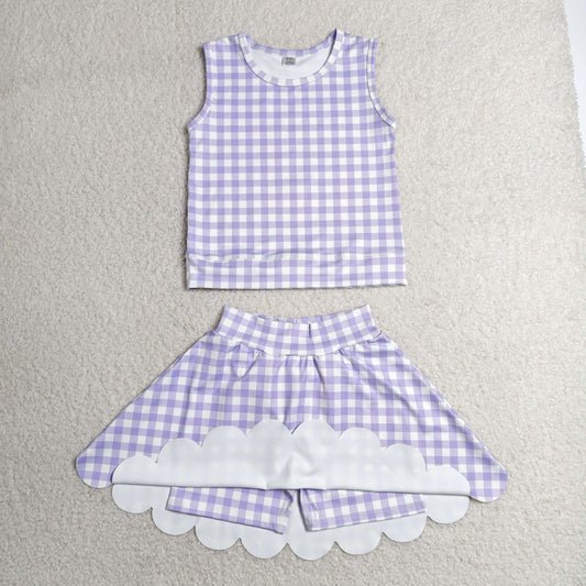 GSD4067 Purple Plaid Wave Ruffle Sleeveless Top with Skirts for Girls Yoga Sets 202606 RTS