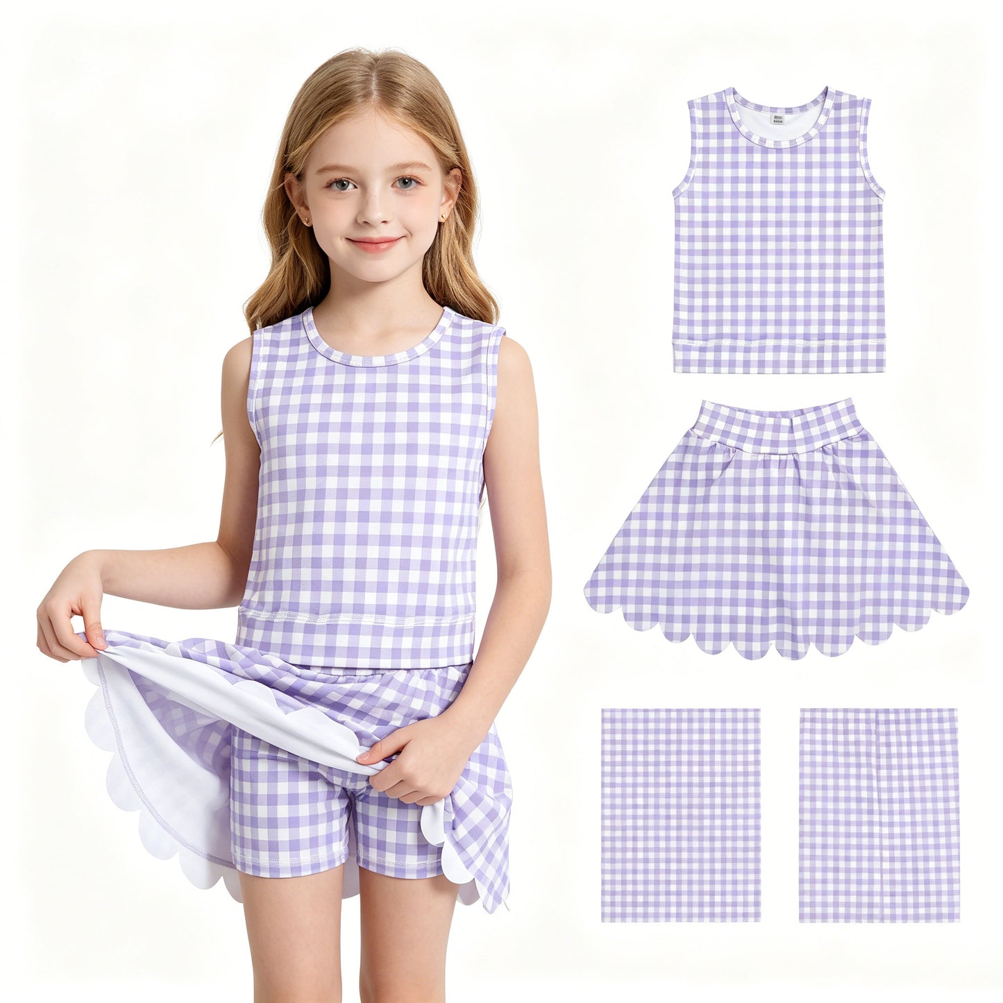 GSD4067 Purple Plaid Wave Ruffle Sleeveless Top with Skirts for Girls Yoga Sets 202606 RTS