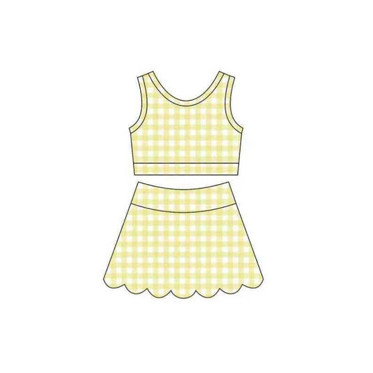 MOQ 30 PCS preorder GSD4068 Yellow Plaid Wave Ruffle Sleeveless Top with Skirts for Girls Yoga Sets 202604