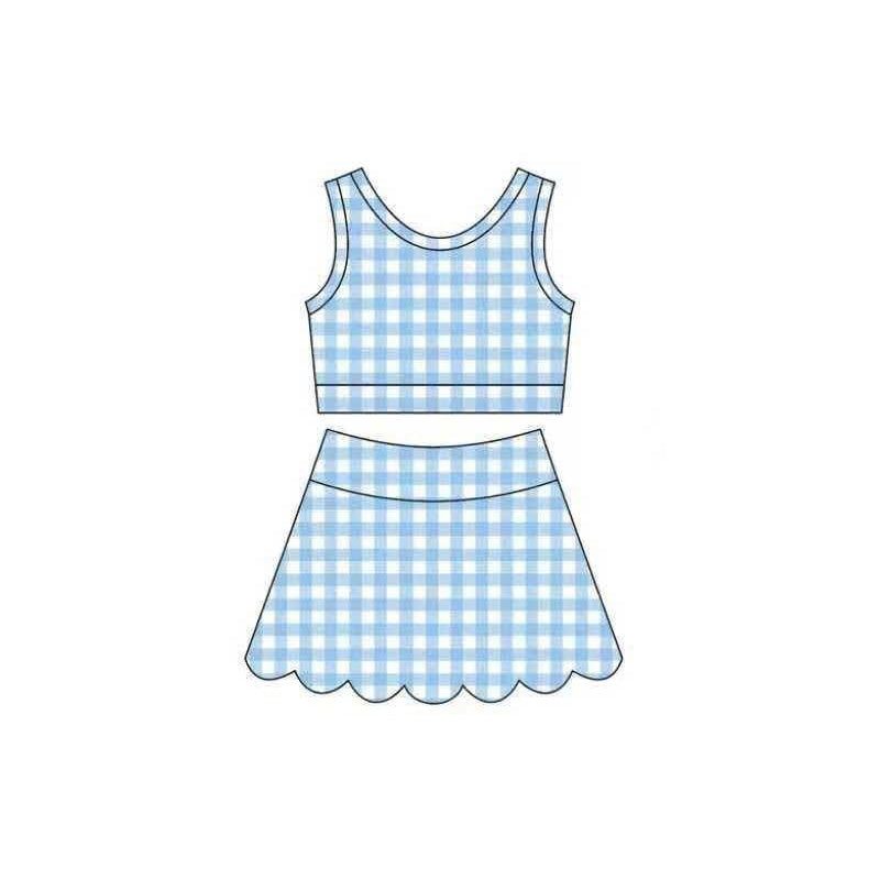 MOQ 30 PCS preorder GSD4069 Blue Plaid Wave Ruffle Sleeveless Top with Skirts for Girls Yoga Sets 202604