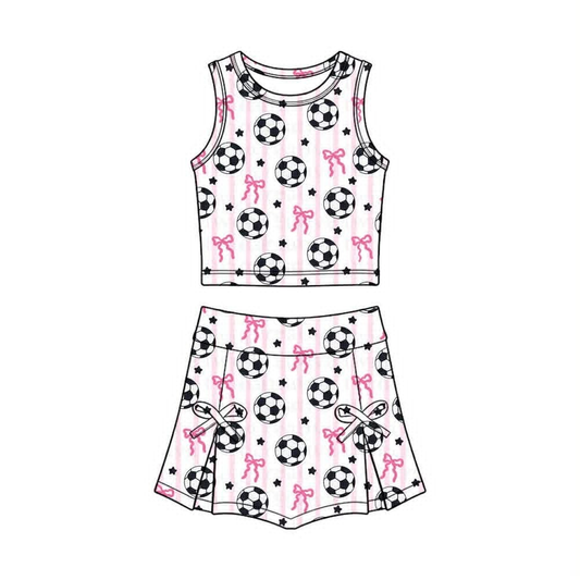 MOQ 5 PCS preorder GSD4078 GO TEAM Football Bows Pink Stripe Sleeveless Top with Skirts for Girls Yoga Sets 202604