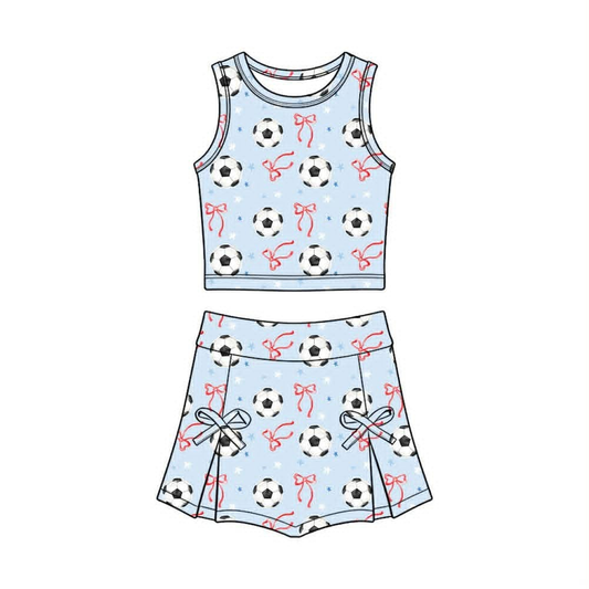 MOQ 5 PCS preorder GSD4079 GO TEAM Football Bows Star Light Blue Sleeveless Top with Skirts for Girls Yoga Sets 202604