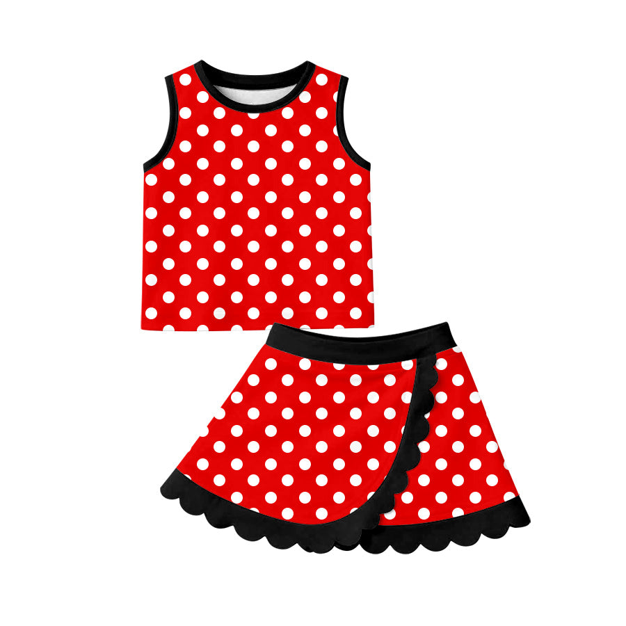 MOQ 5 PCS preorder GSD4080 Dots Red Black Wave Ruffle Sleeveless Top with Skirts for Girls Yoga Sets 202604