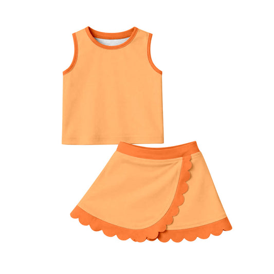 MOQ 5 PCS preorder GSD4081 Solid Dark Light Orange Wave Ruffle Sleeveless Top with Skirts for Girls Yoga Sets 202604