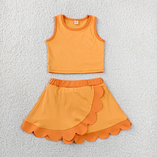 GSD4081 Solid Dark Light Orange Wave Ruffle Sleeveless Top with Skirts for Girls Yoga Sets 202606 RTS