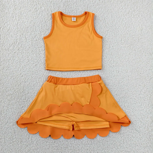 GSD4081 Solid Dark Light Orange Wave Ruffle Sleeveless Top with Skirts for Girls Yoga Sets 202606 RTS