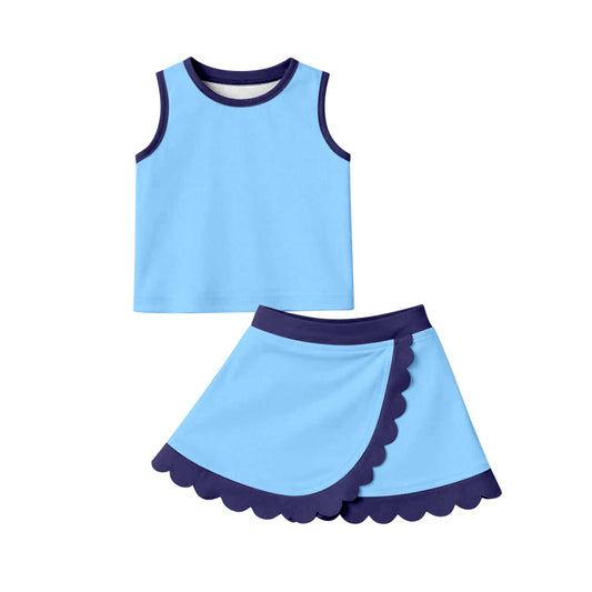 MOQ 5 PCS preorder GSD4082 Solid Dark Light Blue Wave Ruffle Sleeveless Top with Skirts for Girls Yoga Sets 202604