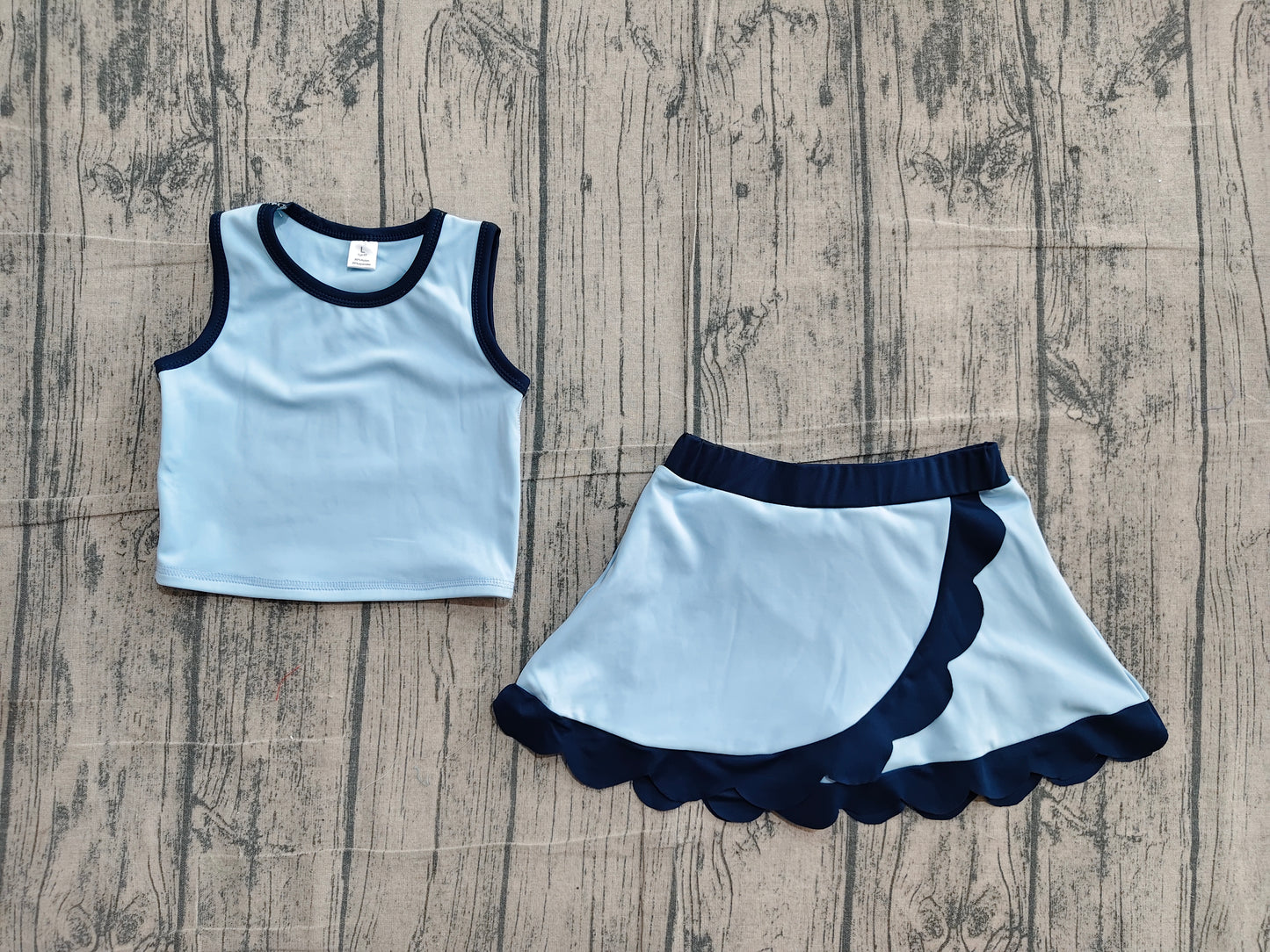 NO MOQ preorder GSD4082 Solid Dark Light Blue Wave Ruffle Sleeveless Top with Skirts for Girls Yoga Sets 202604