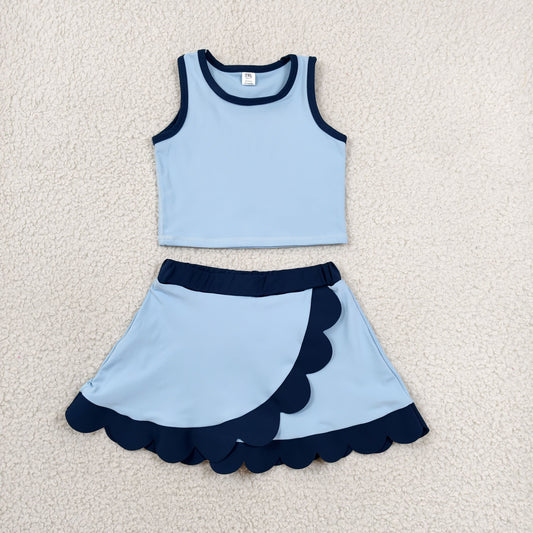 GSD4082 Solid Dark Light Blue Wave Ruffle Sleeveless Top with Skirts for Girls Yoga Sets 202606 RTS
