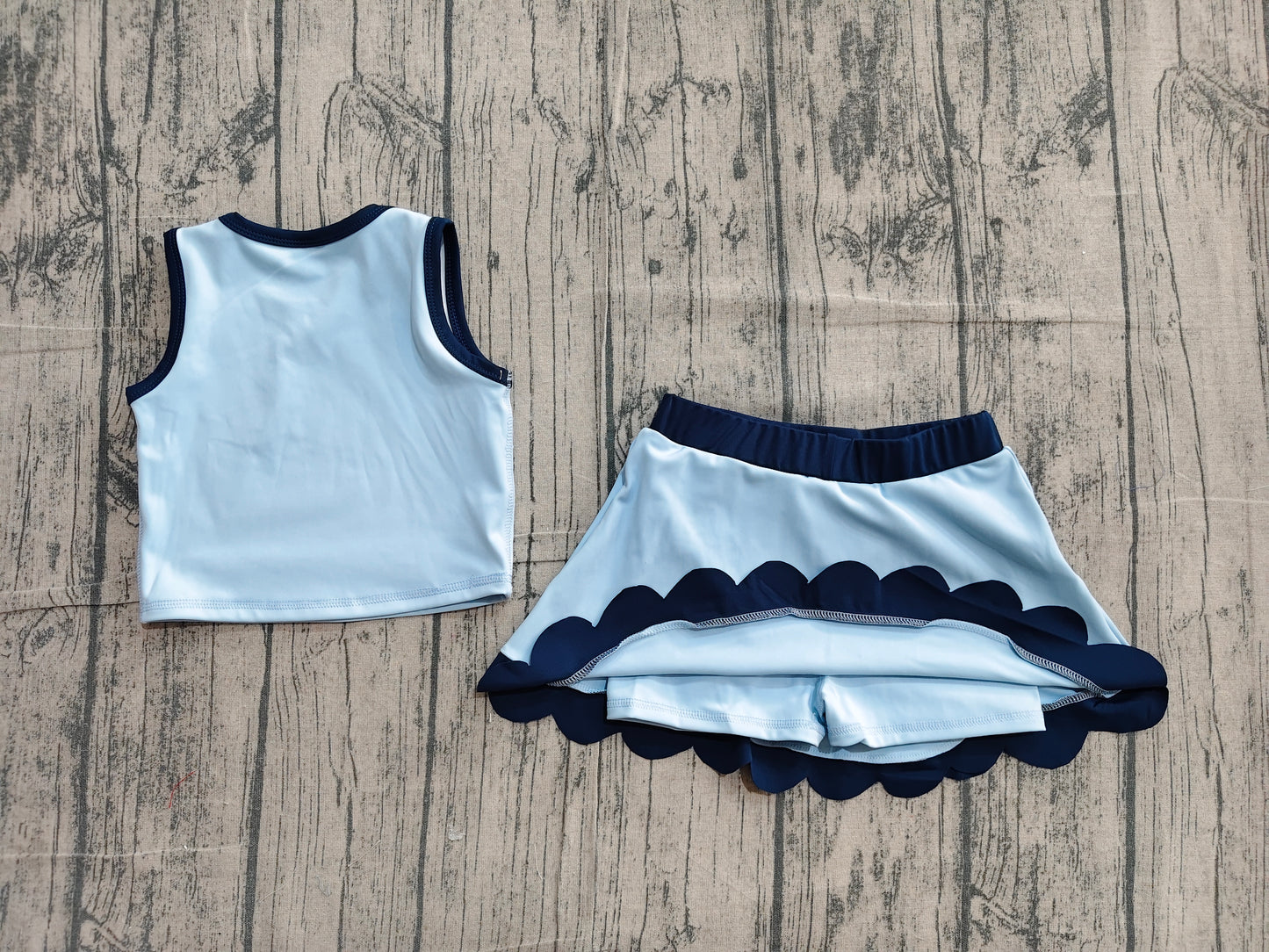 NO MOQ preorder GSD4082 Solid Dark Light Blue Wave Ruffle Sleeveless Top with Skirts for Girls Yoga Sets 202604