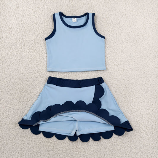 GSD4082 Solid Dark Light Blue Wave Ruffle Sleeveless Top with Skirts for Girls Yoga Sets 202606 RTS