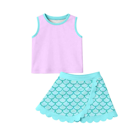 MOQ 5 PCS preorder GSD4083 Cartoon Pink Purple Wave Ruffle Sleeveless Top with Fish Scale Pattern Skirts for Girls Yoga Sets 202604