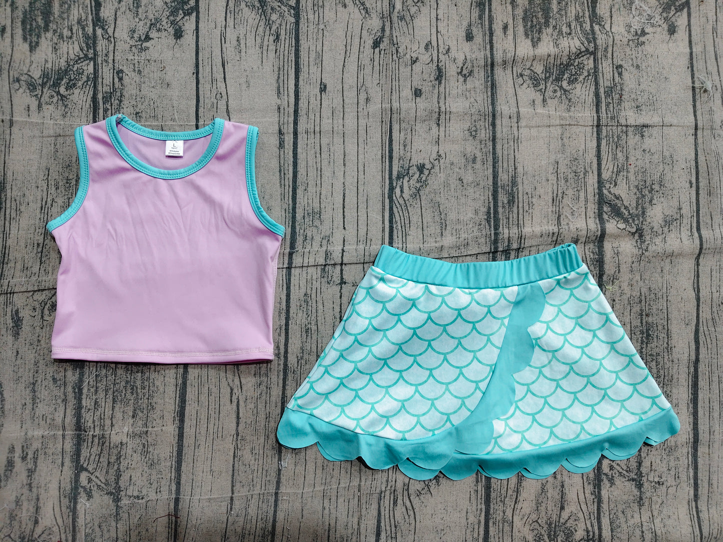 NO MOQ preorder GSD4083 Cartoon Pink Purple Wave Ruffle Sleeveless Top with Fish Scale Pattern Skirts for Girls Yoga Sets 202604