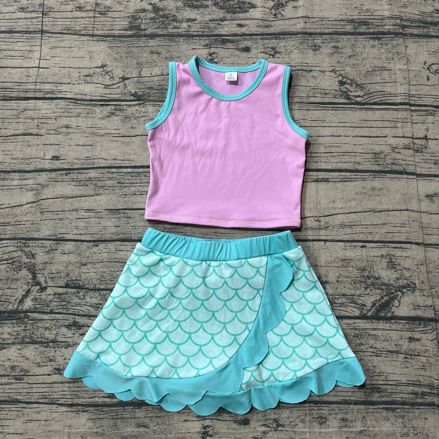 NO MOQ preorder GSD4083 Cartoon Pink Purple Wave Ruffle Sleeveless Top with Fish Scale Pattern Skirts for Girls Yoga Sets 202604