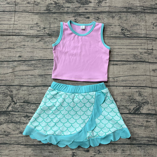 NO MOQ preorder GSD4083 Cartoon Pink Purple Wave Ruffle Sleeveless Top with Fish Scale Pattern Skirts for Girls Yoga Sets 202604