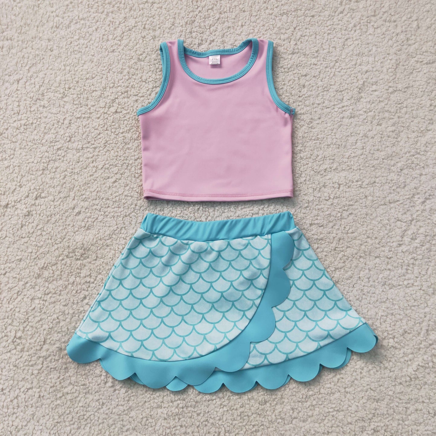 GSD4083 Cartoon Pink Purple Wave Ruffle Sleeveless Top with Fish Scale Pattern Skirts for Girls Yoga Sets 202607 RTS