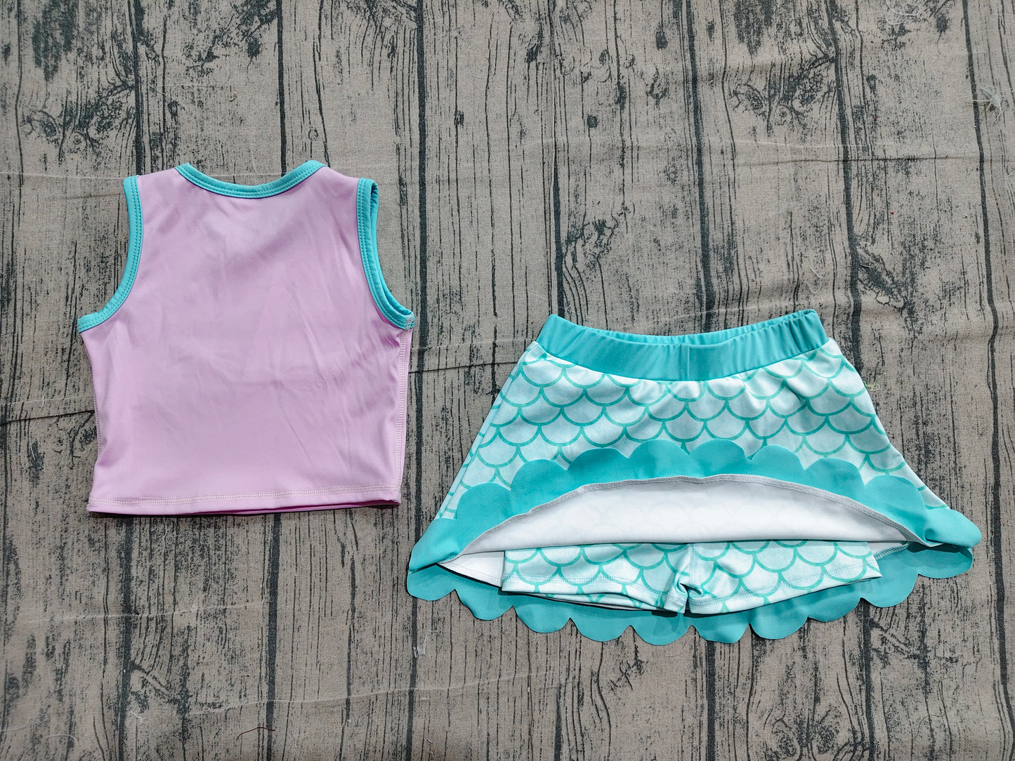 NO MOQ preorder GSD4083 Cartoon Pink Purple Wave Ruffle Sleeveless Top with Fish Scale Pattern Skirts for Girls Yoga Sets 202604