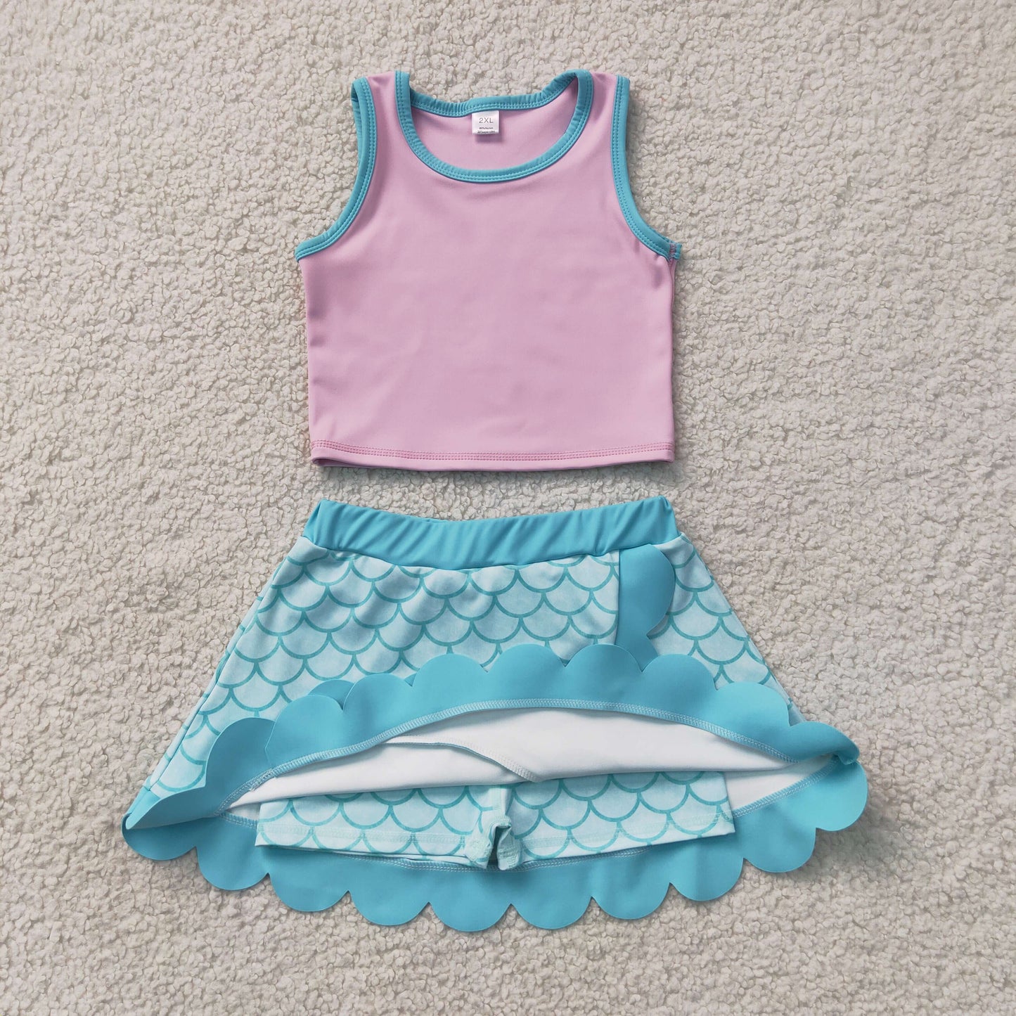 GSD4083 Cartoon Pink Purple Wave Ruffle Sleeveless Top with Fish Scale Pattern Skirts for Girls Yoga Sets 202607 RTS