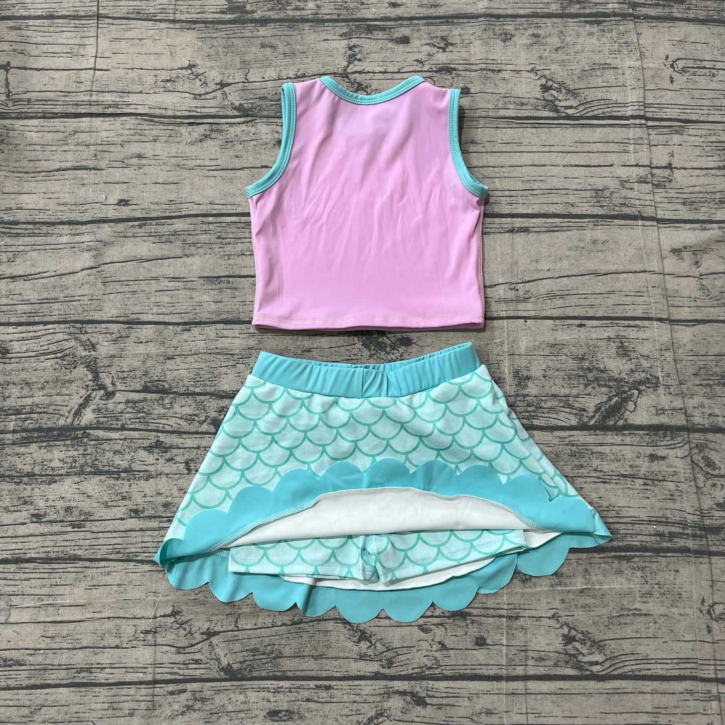 NO MOQ preorder GSD4083 Cartoon Pink Purple Wave Ruffle Sleeveless Top with Fish Scale Pattern Skirts for Girls Yoga Sets 202604