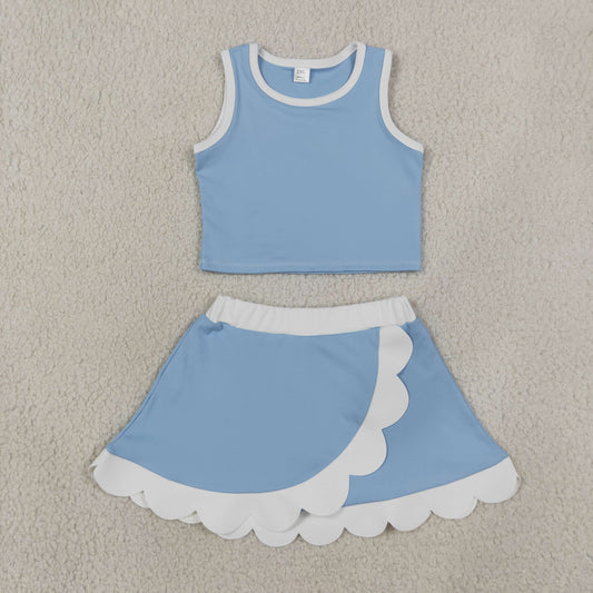 GSD4084 Solid Light Gray Blue Wave Ruffle Sleeveless Top with Skirts for Girls Yoga Sets 202607 RTS