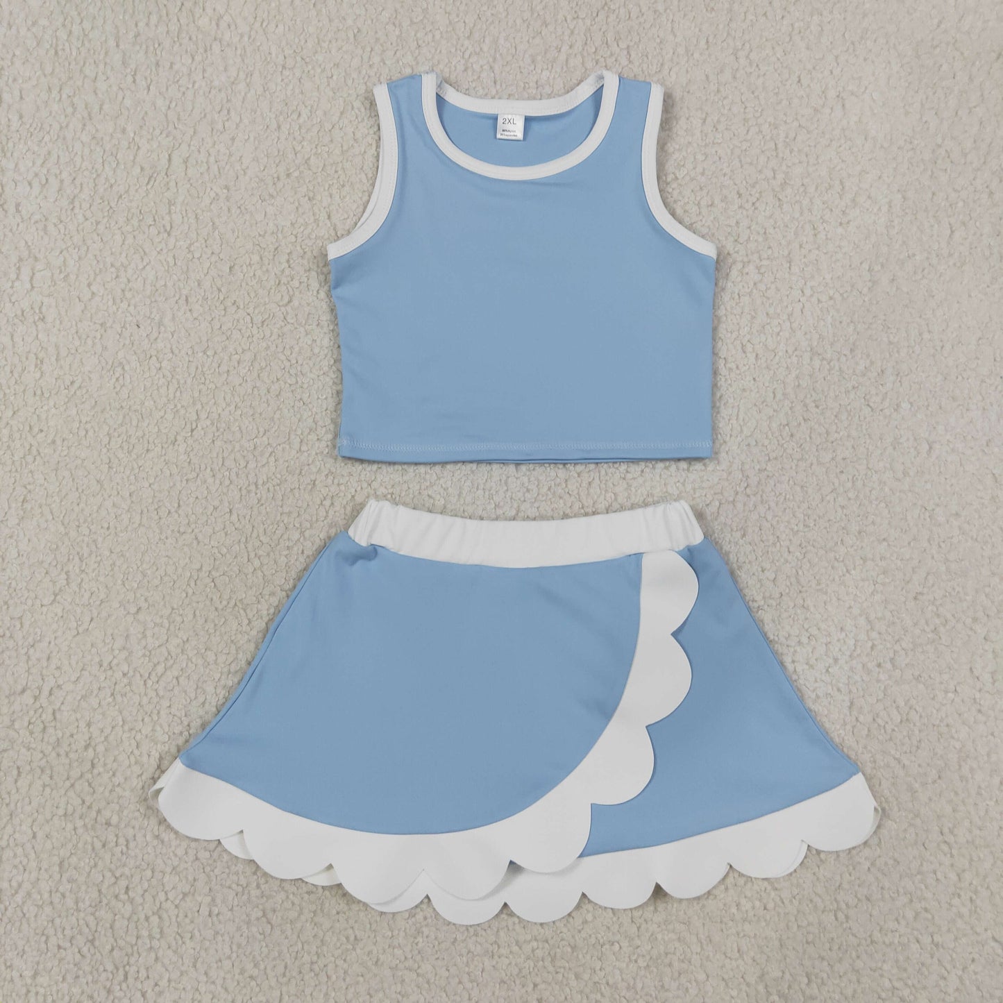 GSD4084 Solid Light Gray Blue Wave Ruffle Sleeveless Top with Skirts for Girls Yoga Sets 202607 RTS