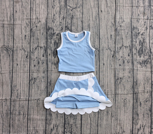 NO MOQ preorder GSD4084 Solid Light Gray Blue Wave Ruffle Sleeveless Top with Skirts for Girls Yoga Sets 202605