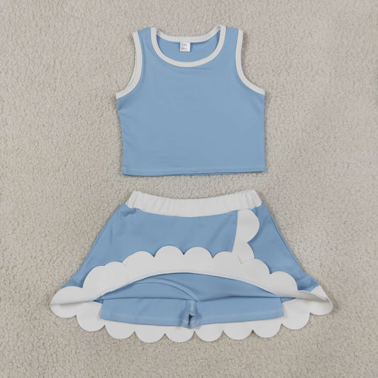 GSD4084 Solid Light Gray Blue Wave Ruffle Sleeveless Top with Skirts for Girls Yoga Sets 202607 RTS