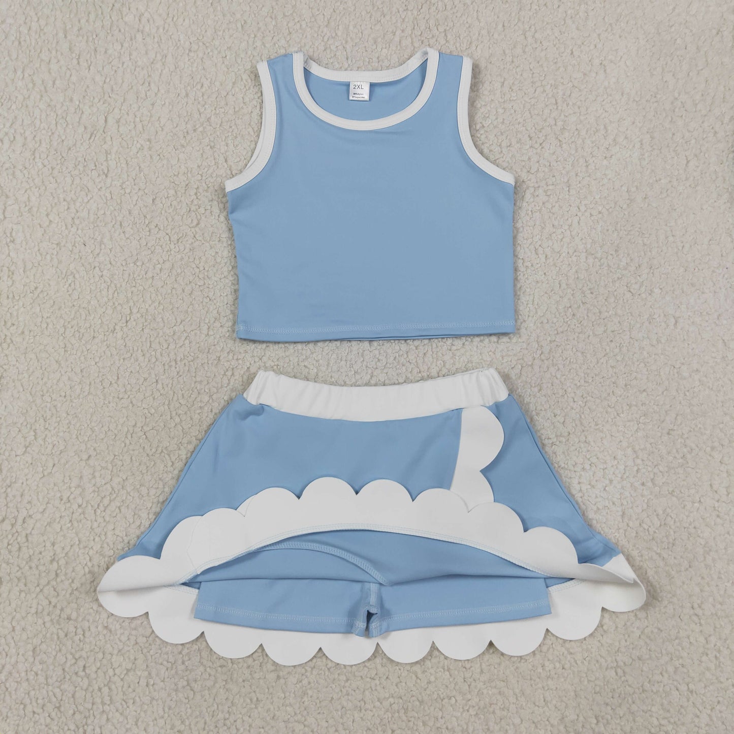 GSD4084 Solid Light Gray Blue Wave Ruffle Sleeveless Top with Skirts for Girls Yoga Sets 202607 RTS
