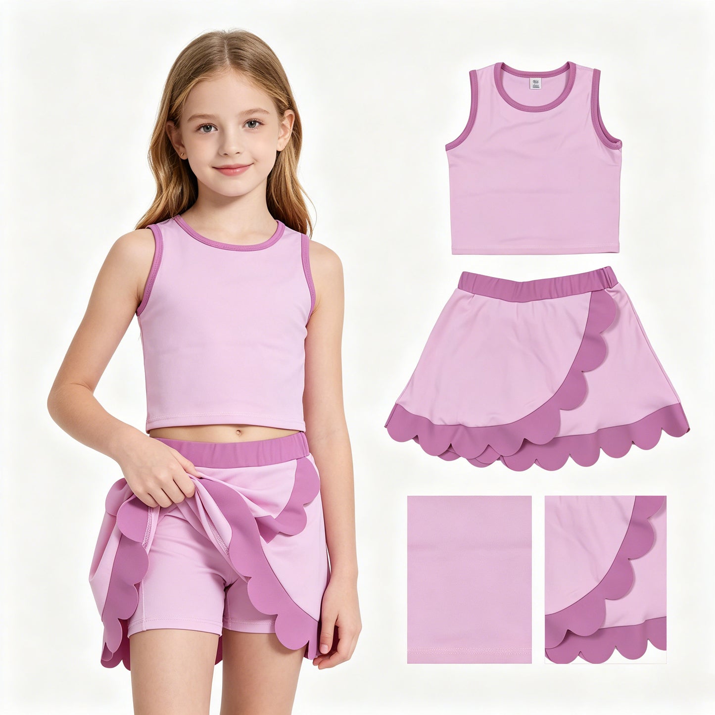 GSD4085 Solid Dark Light Pink Purple Wave Ruffle Sleeveless Top with Skirts for Girls Yoga Sets 202605 RTS