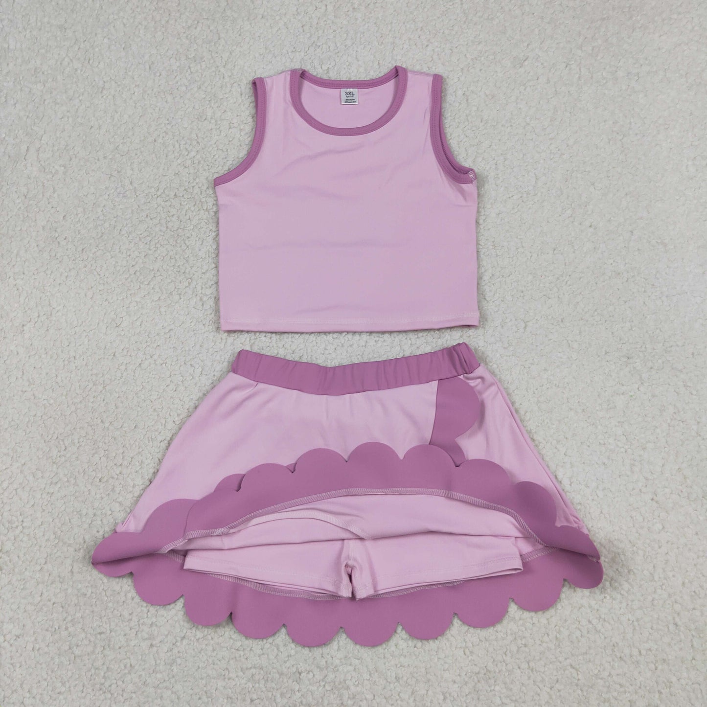 GSD4085 Solid Dark Light Pink Purple Wave Ruffle Sleeveless Top with Skirts for Girls Yoga Sets 202605 RTS