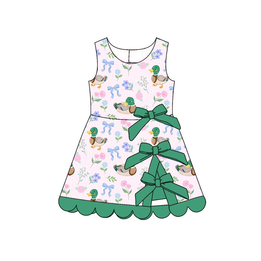 MOQ 30 PCS Preorder GSD4086 Ducks Flower Bows Dark Green Wave Ruffle Sleeveless Yoga Dresses for Girls 202604