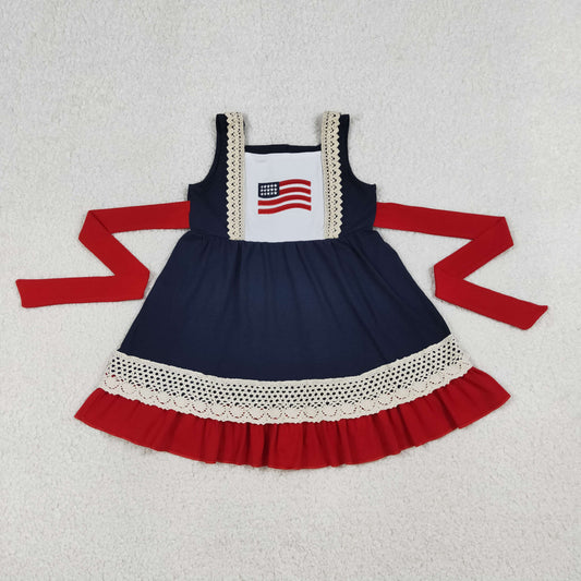 GSD4087 4th of July Lace Ruffle Red Belt Navy Sleeveless Dresses for Girls 202604 RTS