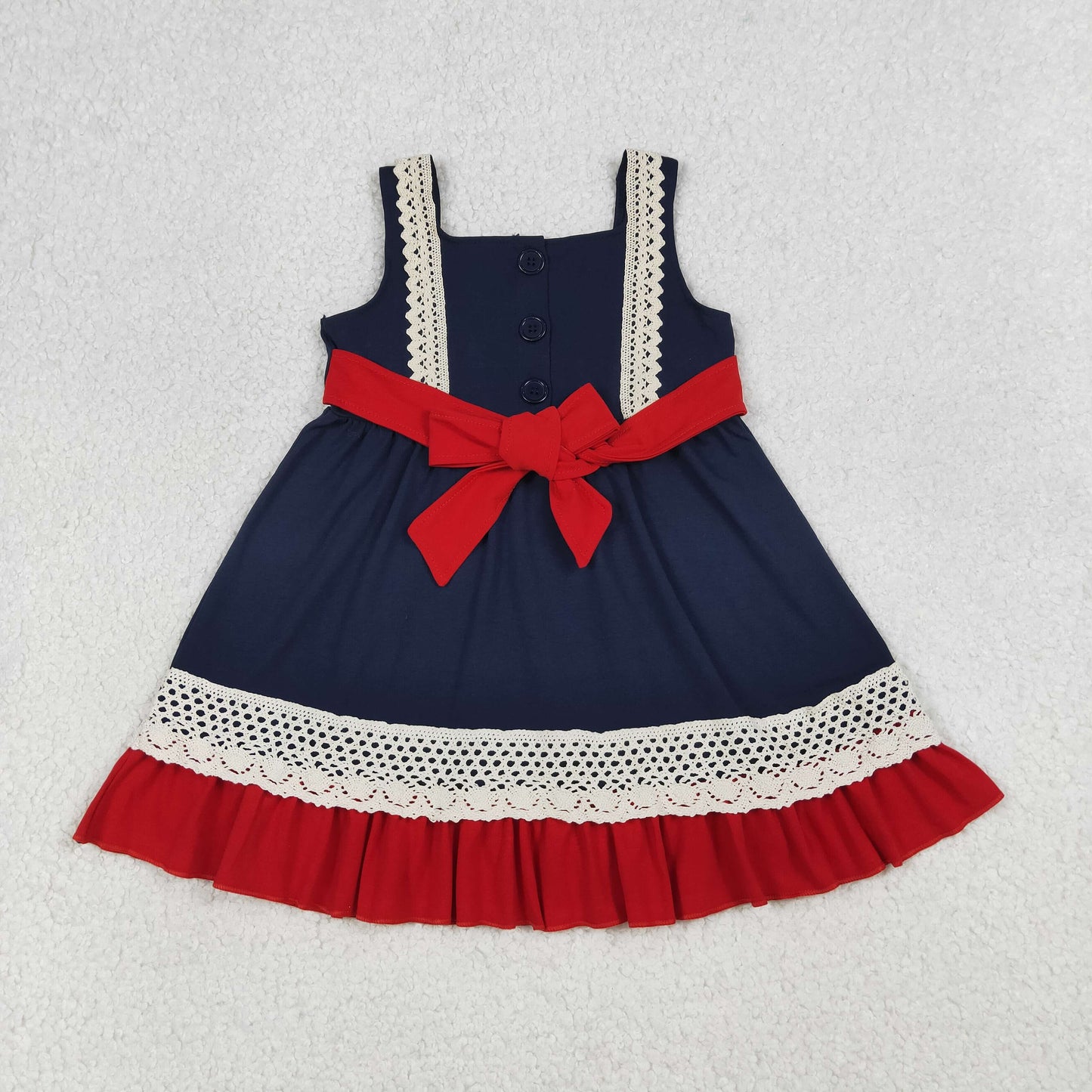 GSD4087 4th of July Lace Ruffle Red Belt Navy Sleeveless Dresses for Girls 202604 RTS