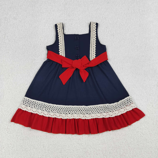GSD4087 4th of July Lace Ruffle Red Belt Navy Sleeveless Dresses for Girls 202604 RTS