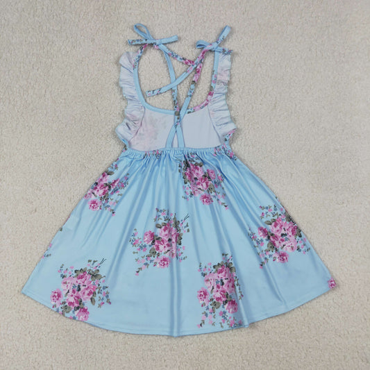 GSD4088 Pink Flower Blue Ruffle Sleeveless Dresses for Girls 202604 RTS