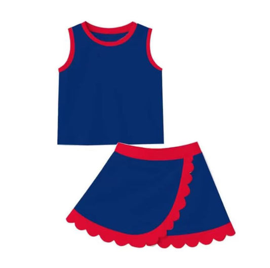 MOQ 30 PCS preorder GSD4096 4th of July Solid Blue Red Wave Ruffle Sleeveless Top with Skirts for Girls Yoga Sets 202604