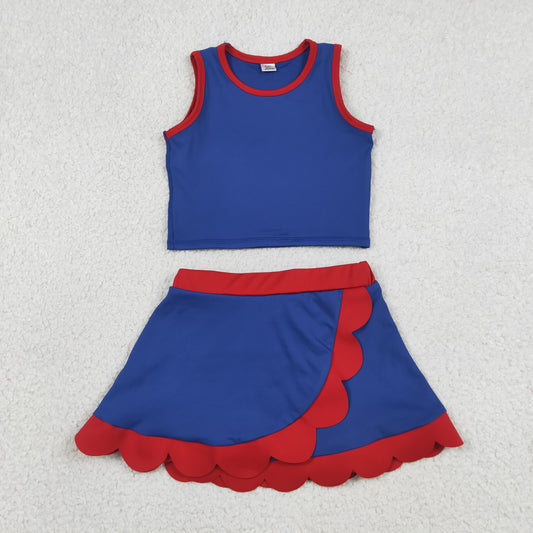 GSD4096 4th of July Solid Blue Red Wave Ruffle Sleeveless Top with Skirts for Girls Yoga Sets 202606 RTS