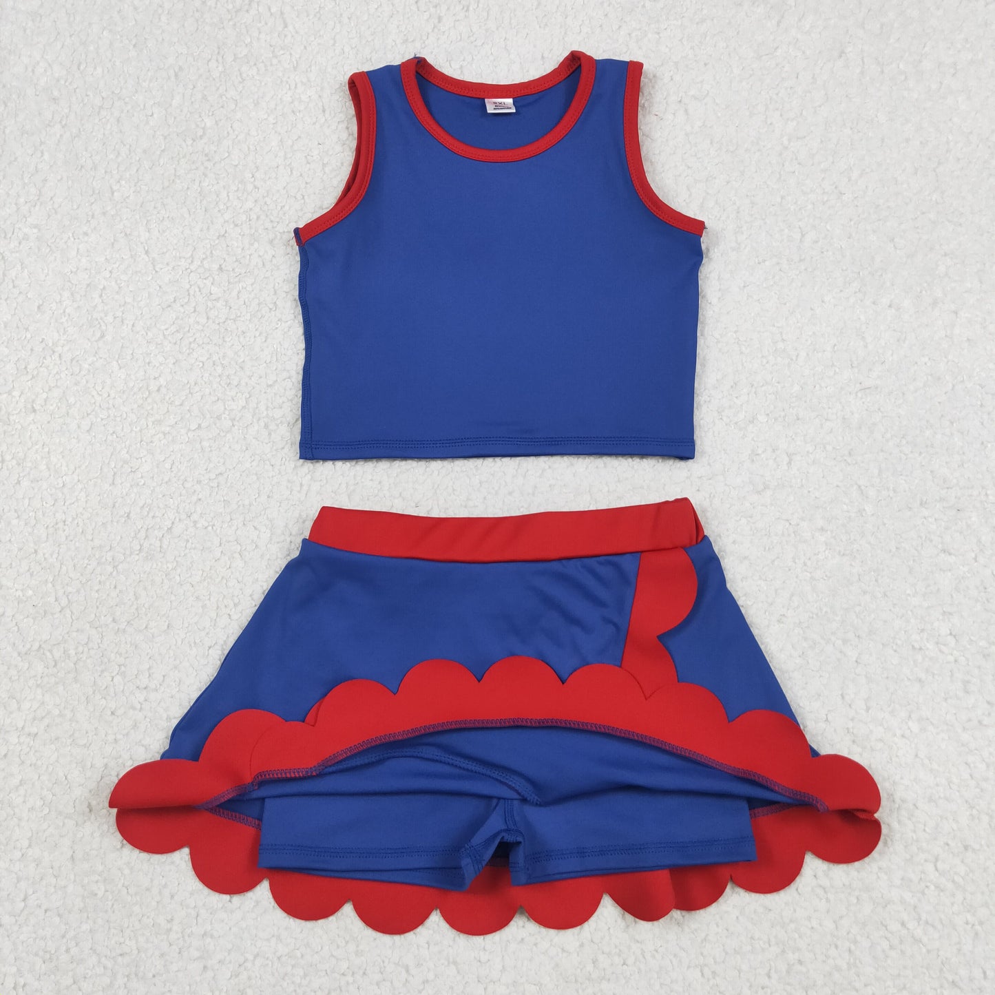 GSD4096 4th of July Solid Blue Red Wave Ruffle Sleeveless Top with Skirts for Girls Yoga Sets 202606 RTS