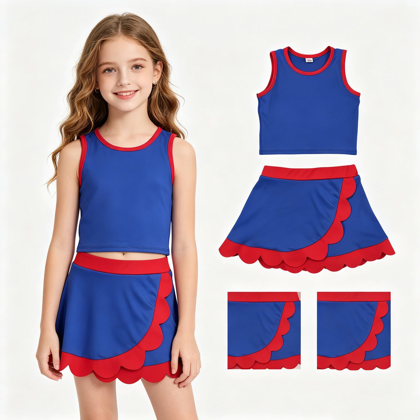 GSD4096 4th of July Solid Blue Red Wave Ruffle Sleeveless Top with Skirts for Girls Yoga Sets 202606 RTS
